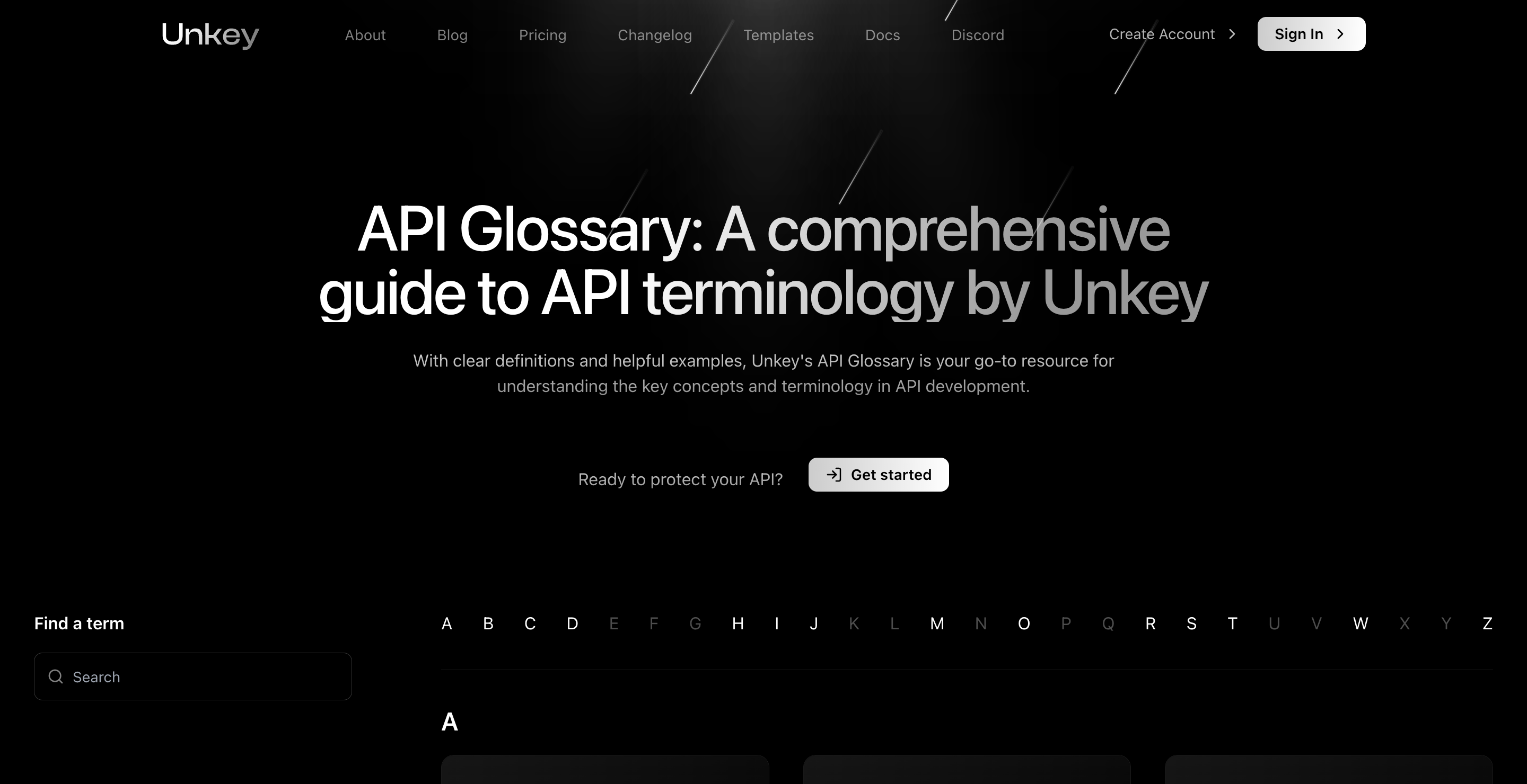 Unkey glossary index with A-Z navigation